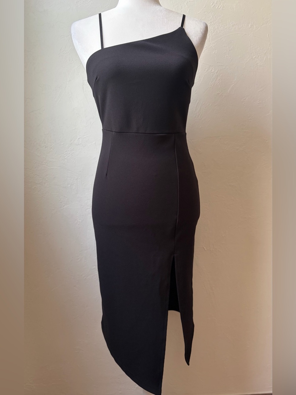 Just Quella Black Asymmetrical Midi Dress Side Slit Size 4-6